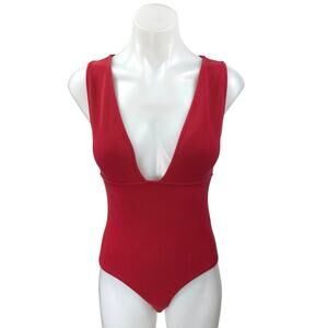 Topshop Women's Red Rib Knit Sleeveless Plunging V-Neck Bodysuit Tank Top Size 6